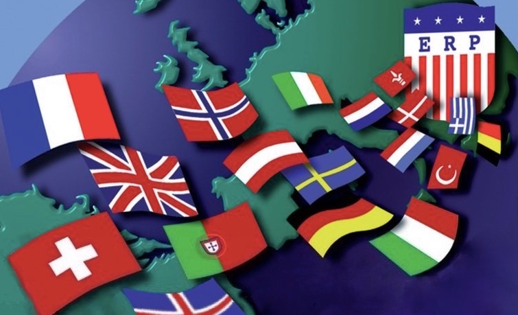 The flags of the 18 Marshall Plan States, Switzerland, France, the United Kingdom, Norway, Austria, Portugal, Iceland, Ireland, Sweden, Germany, Italy, Turkey, Luxembourg, the Netherlands, Belgium, Greece, Denmark, and the Free Territory of Trieste as they float towards a star and stripes shield with the "ERP" insignia.